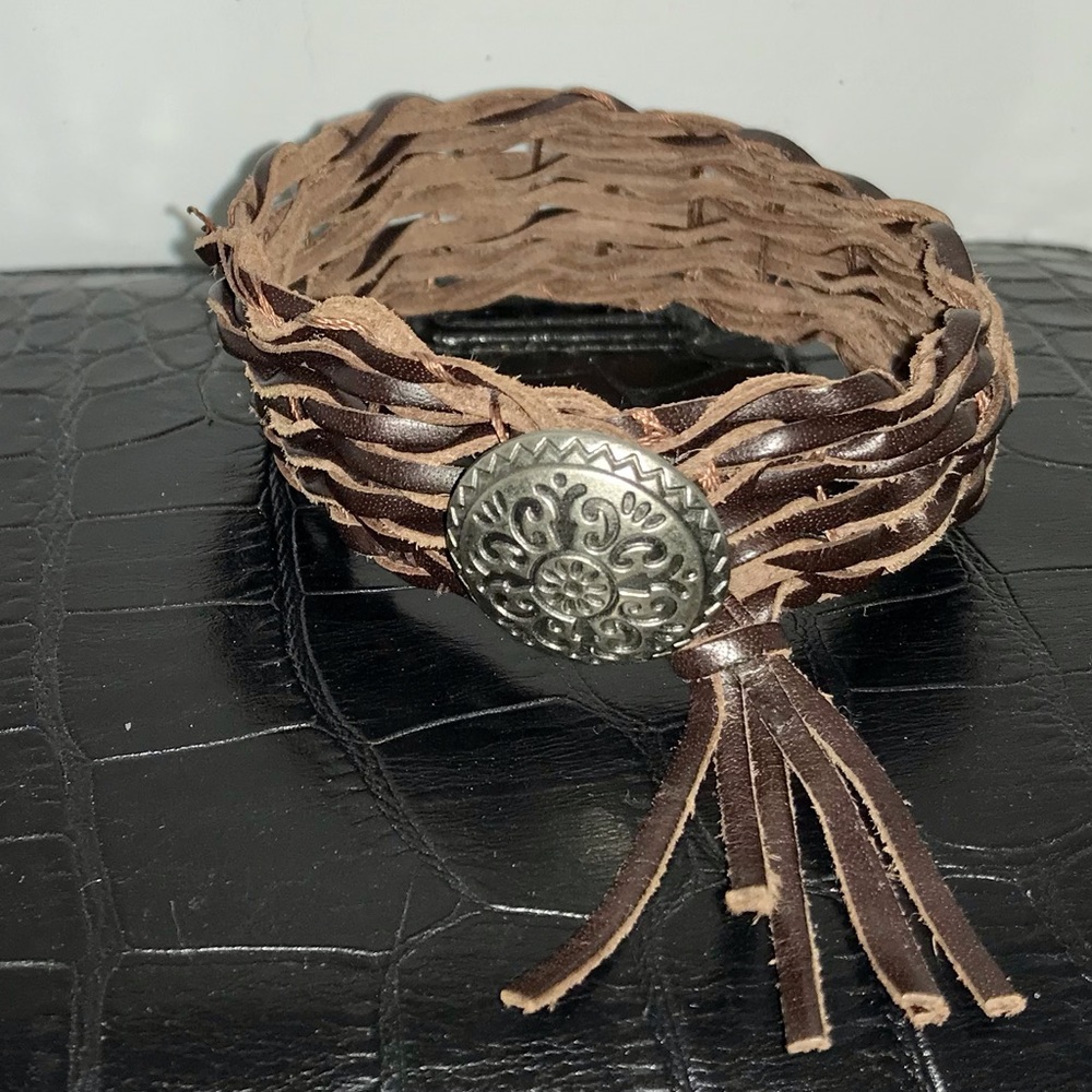 Leather Woven Bangle with Leather Tassel and Silver tone Button